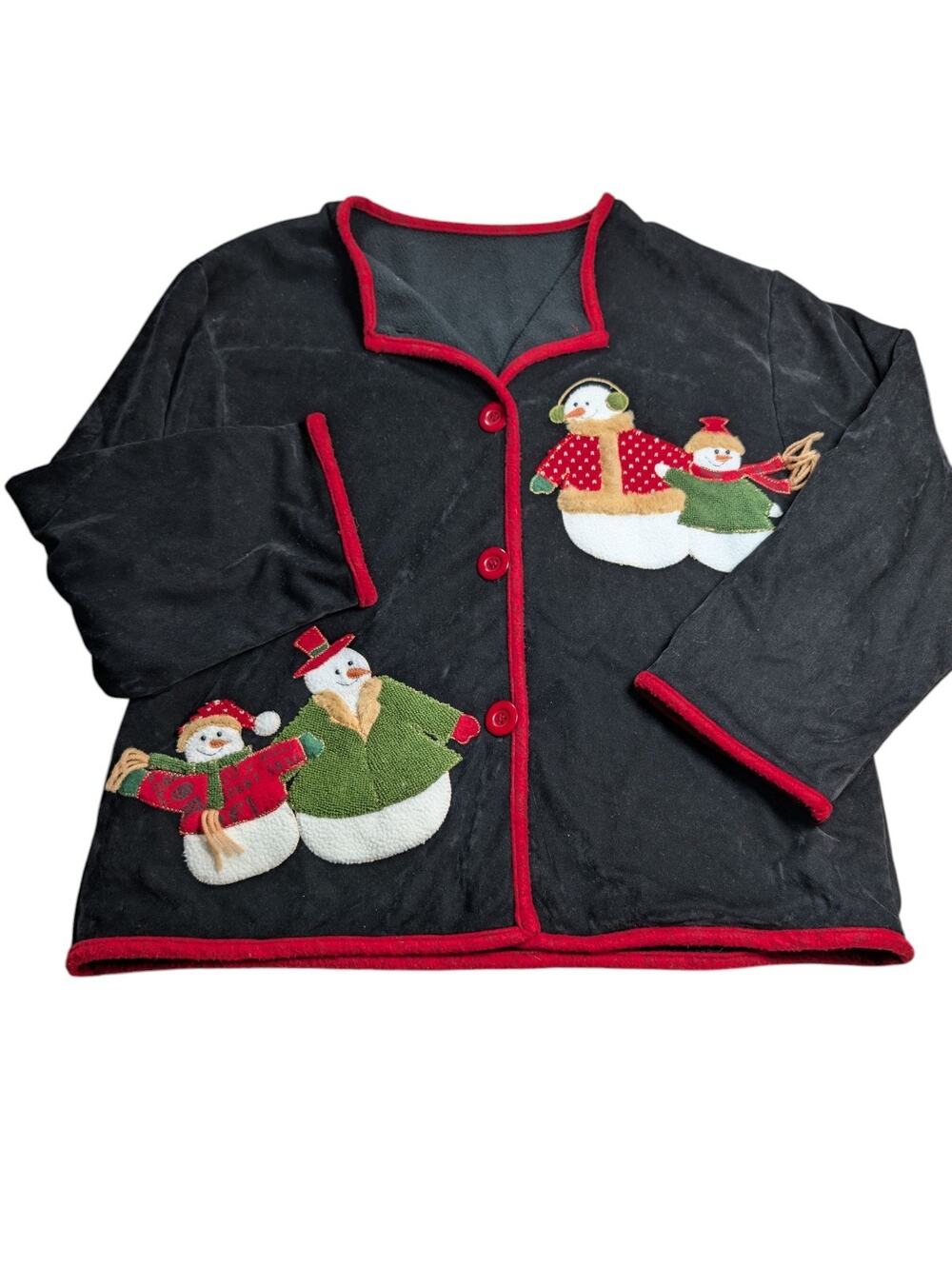 Christmas VTG Black Velvet Snowmen Shacket Cardigan Womens Size Large Holiday